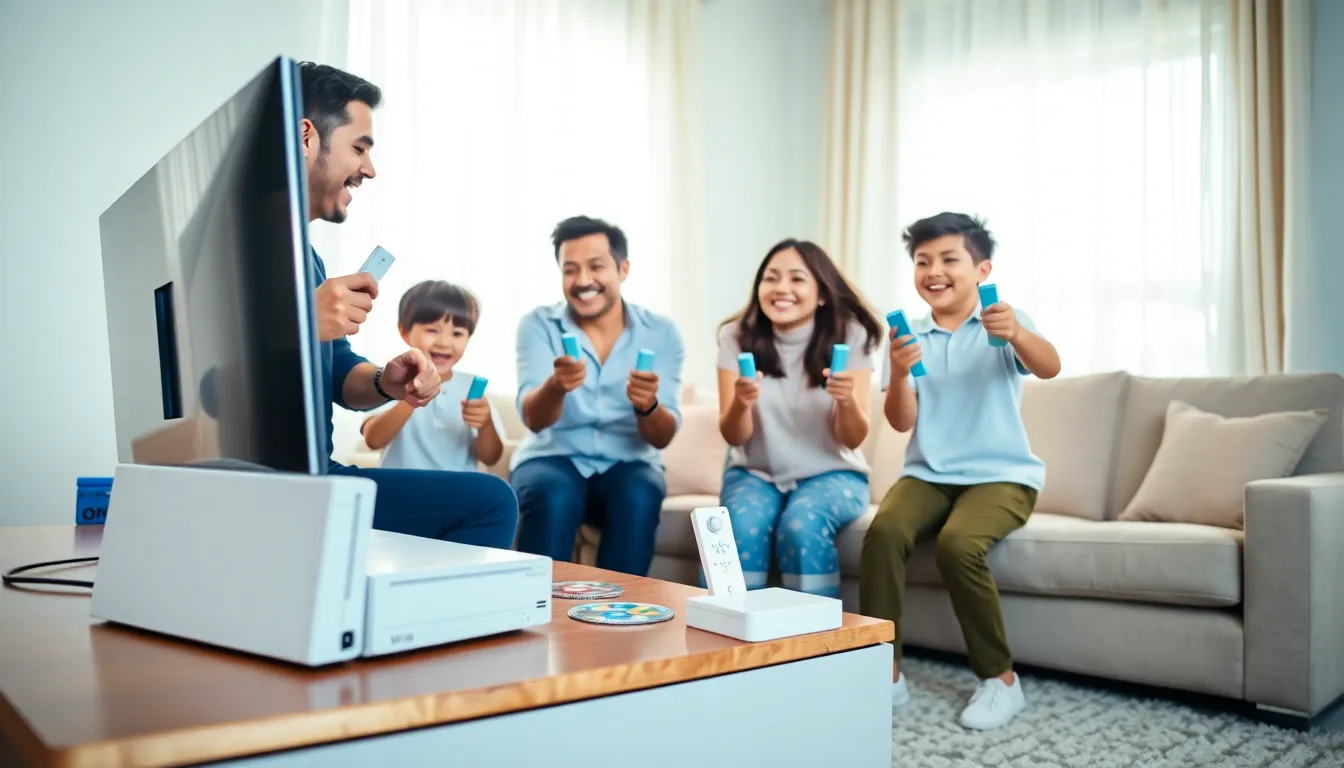 family playing together with a Nintendo Wii console in a cozy living room.