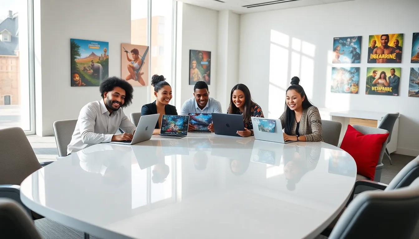diverse team collaborating on game development in an office.