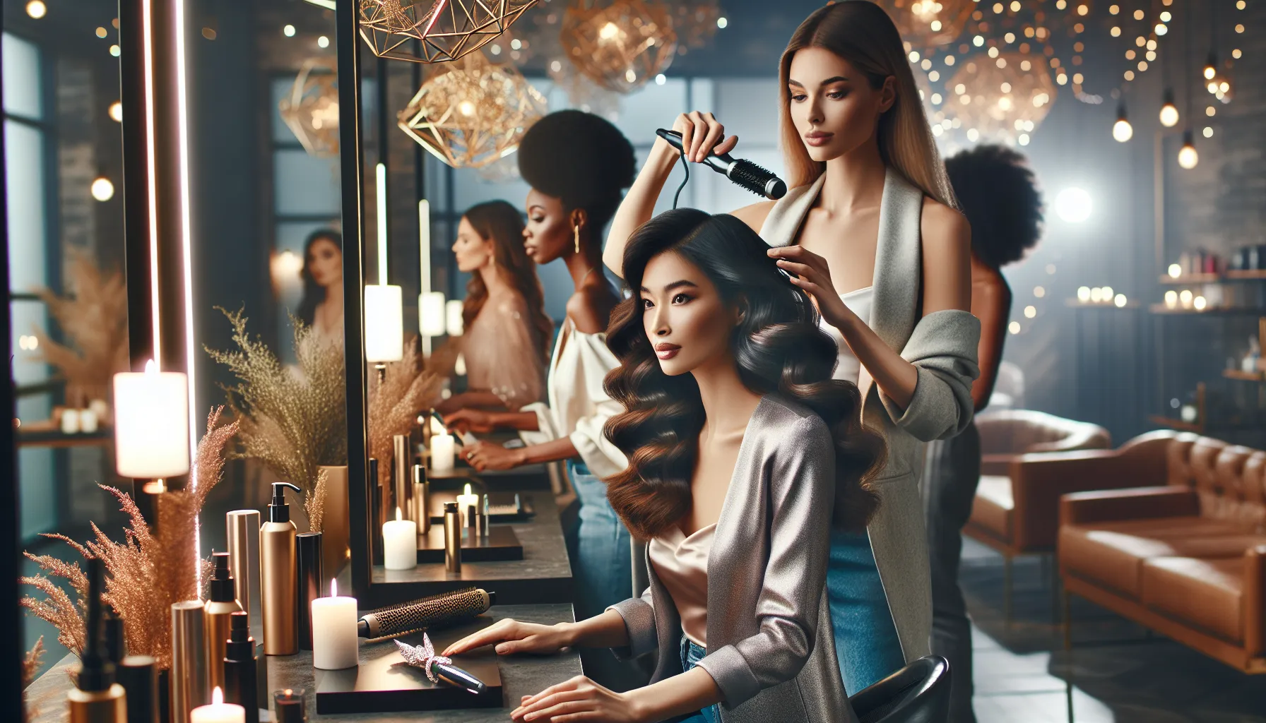 diverse women styling hair in a modern salon for holiday beauty.