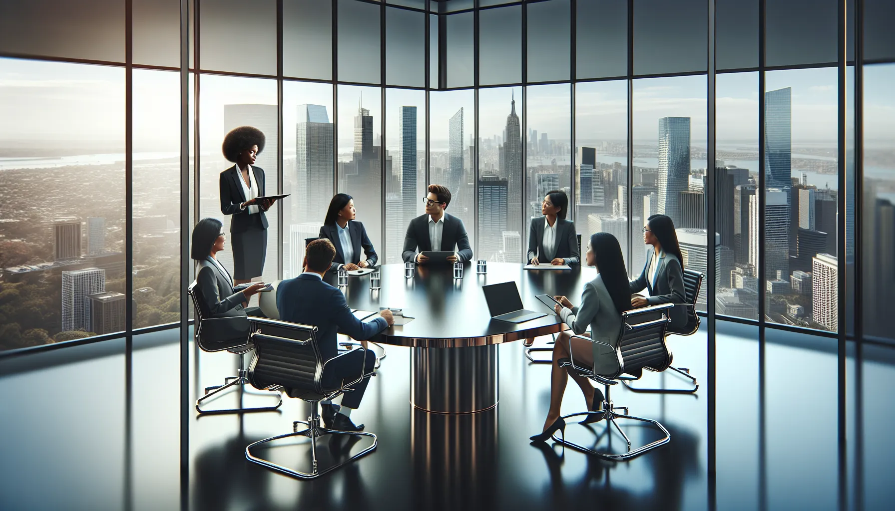 diverse group discussing cultural topics in a modern conference room.