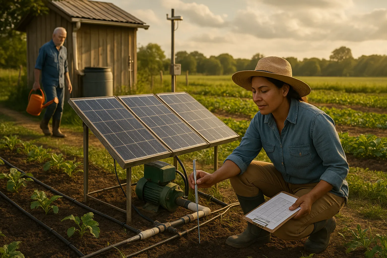 Farmer inspecting soil probe beside solar irrigation panels and a worker with watering can.