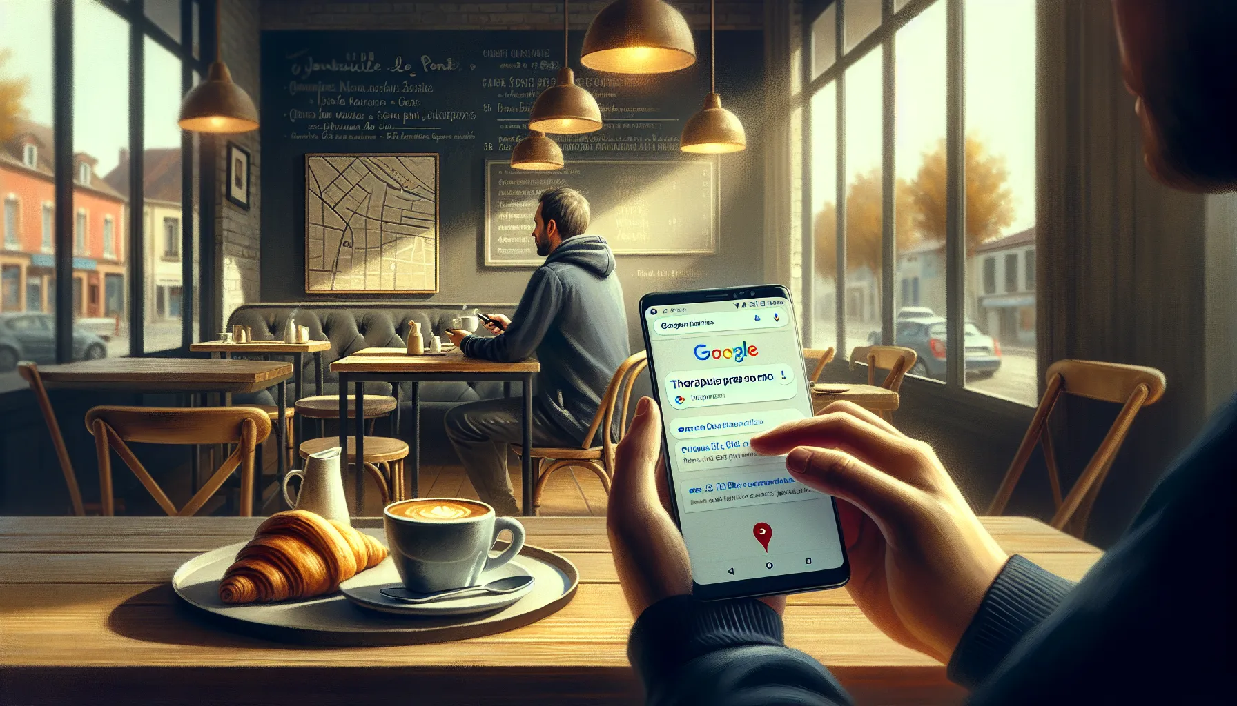 Person in a Joinville-le-Pont café searching local services on Google smartphone.