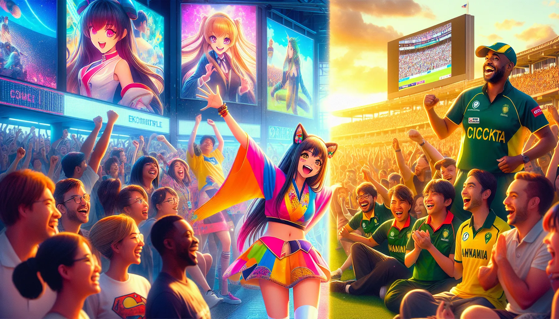fans celebrating cricket and anime at a lively outdoor event.