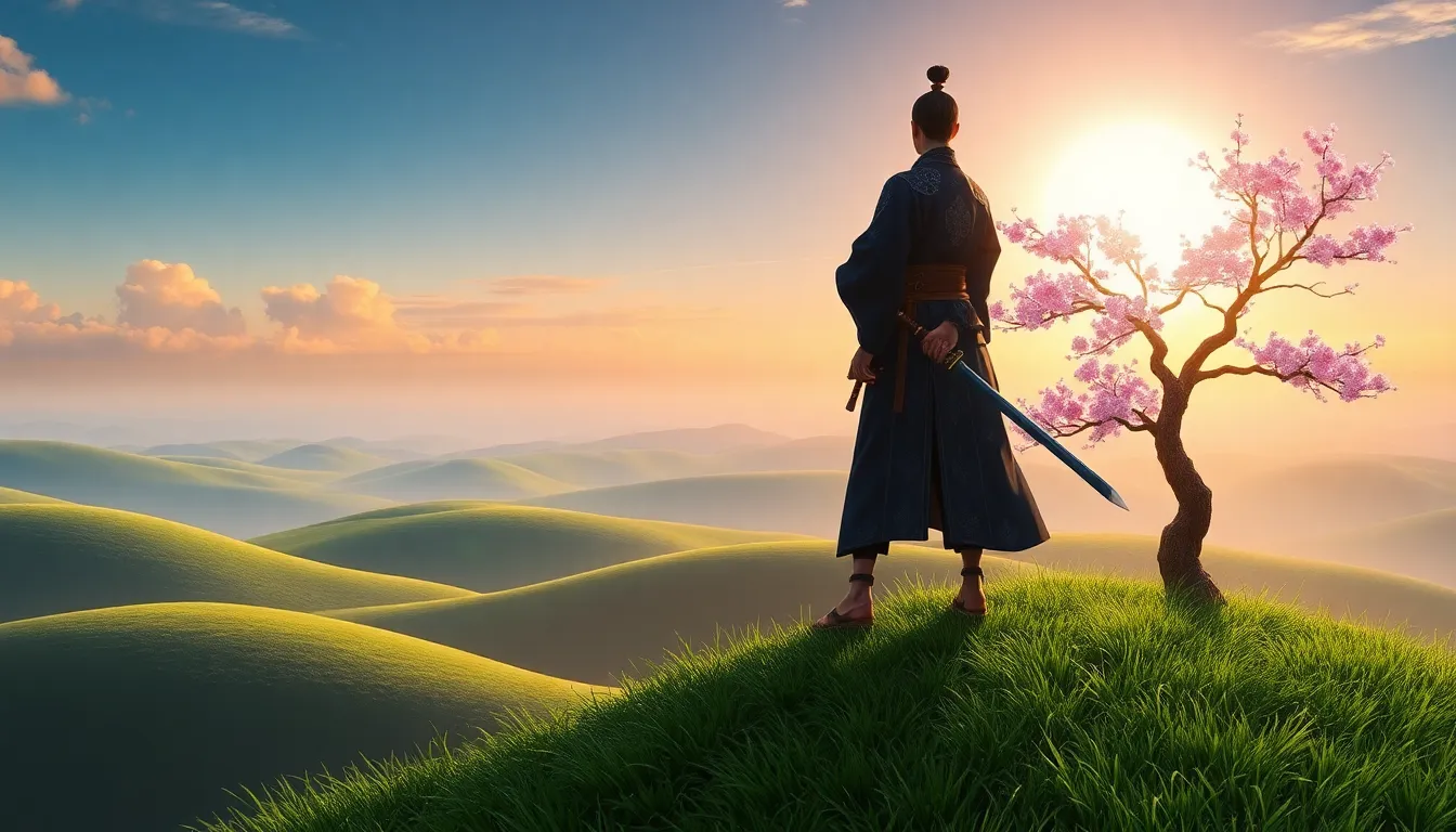 Jin Sakai on a hilltop amidst cherry blossoms in a serene landscape.