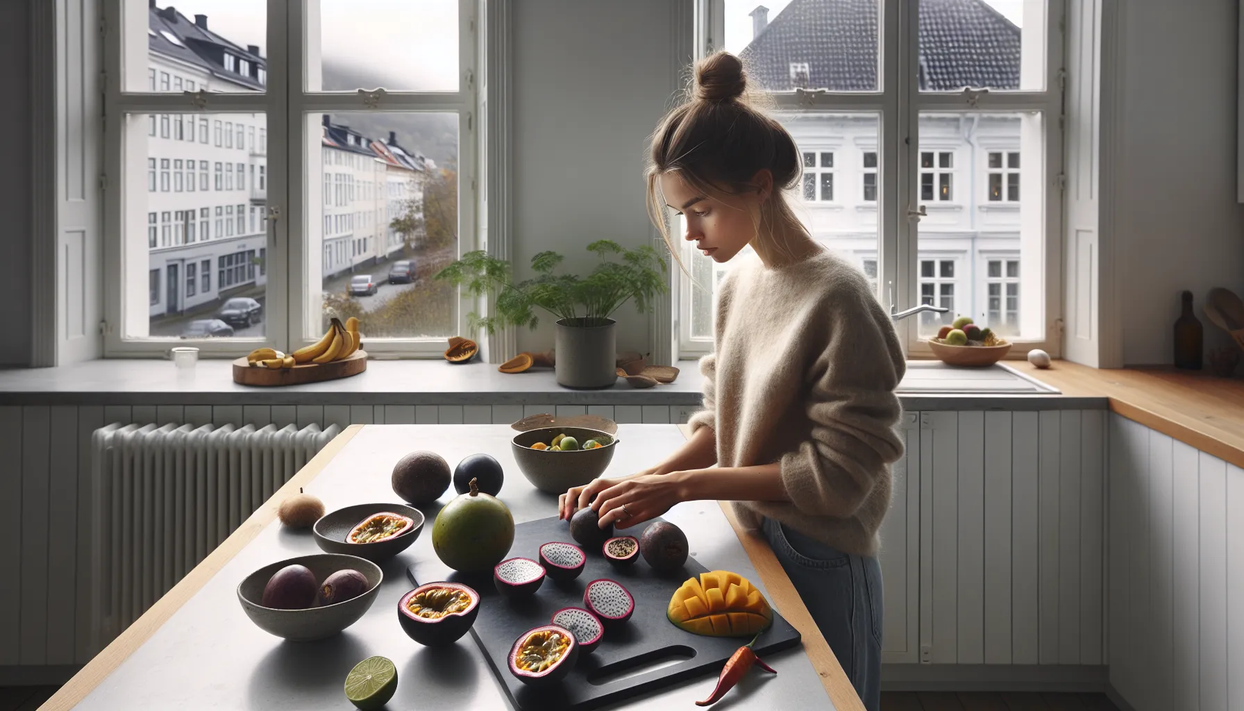 De mest eksotiske fruktene og hvordan tilberede dem 1 Norwegian woman preparing colorful exotic fruits in a bright, modern kitchen.