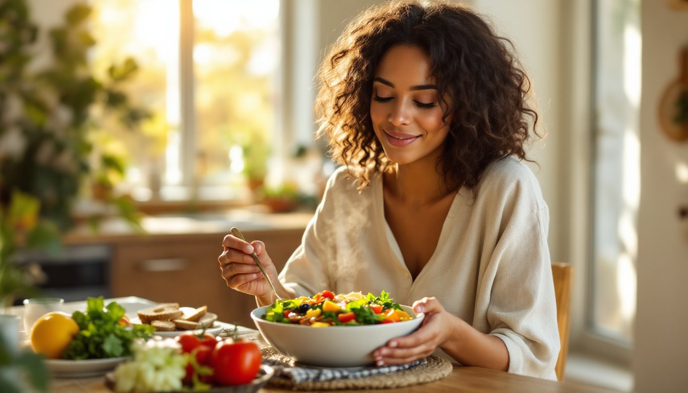 Woman mindfully eating a colorful lunch bowl in a sunlit kitchen at noon.