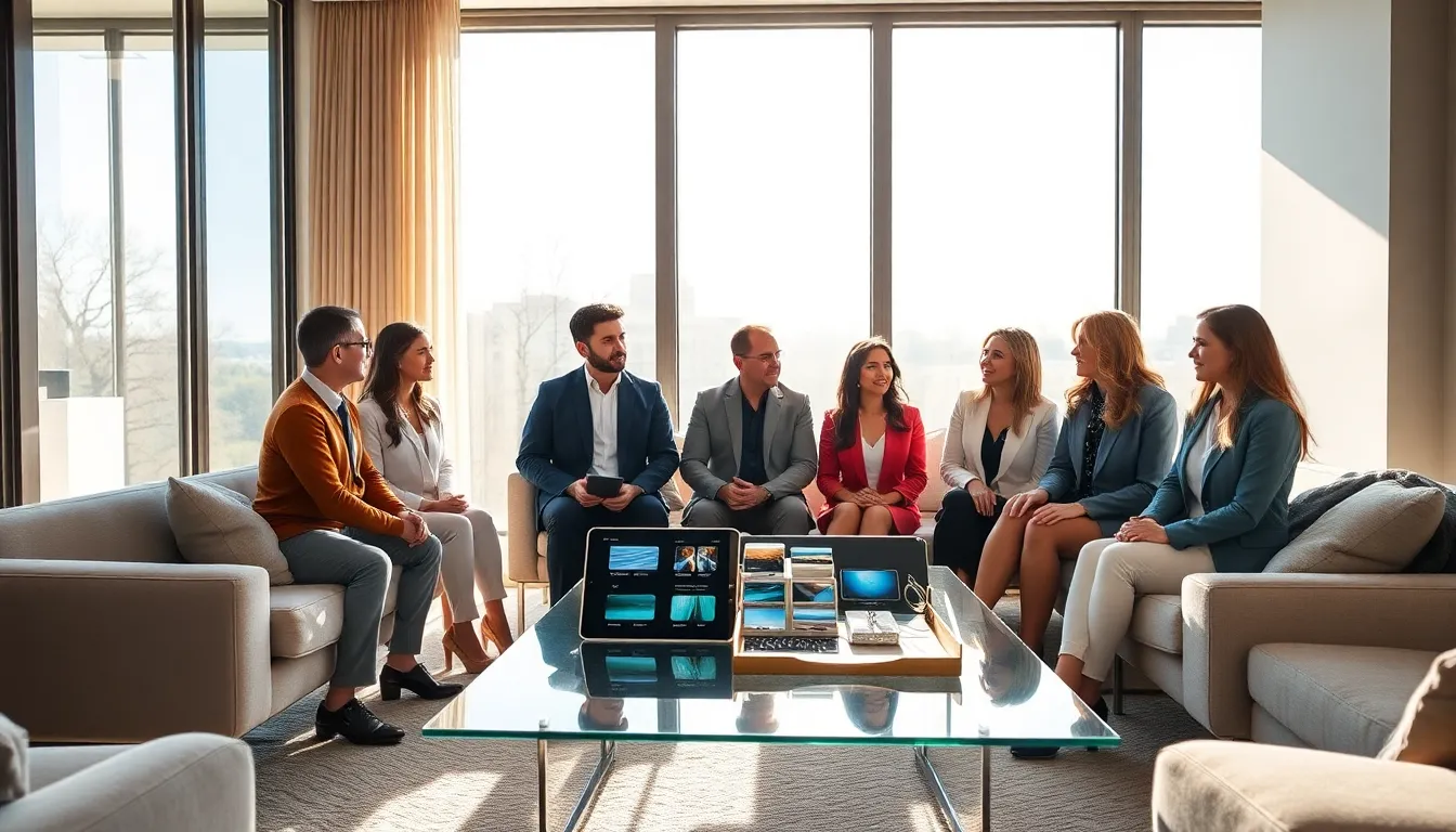 diverse team discussing smart glass technology in a modern living room.
