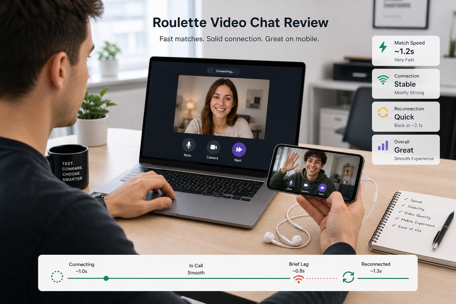 Reviewer tests video chat site speed and mobile usability on laptop and phone.