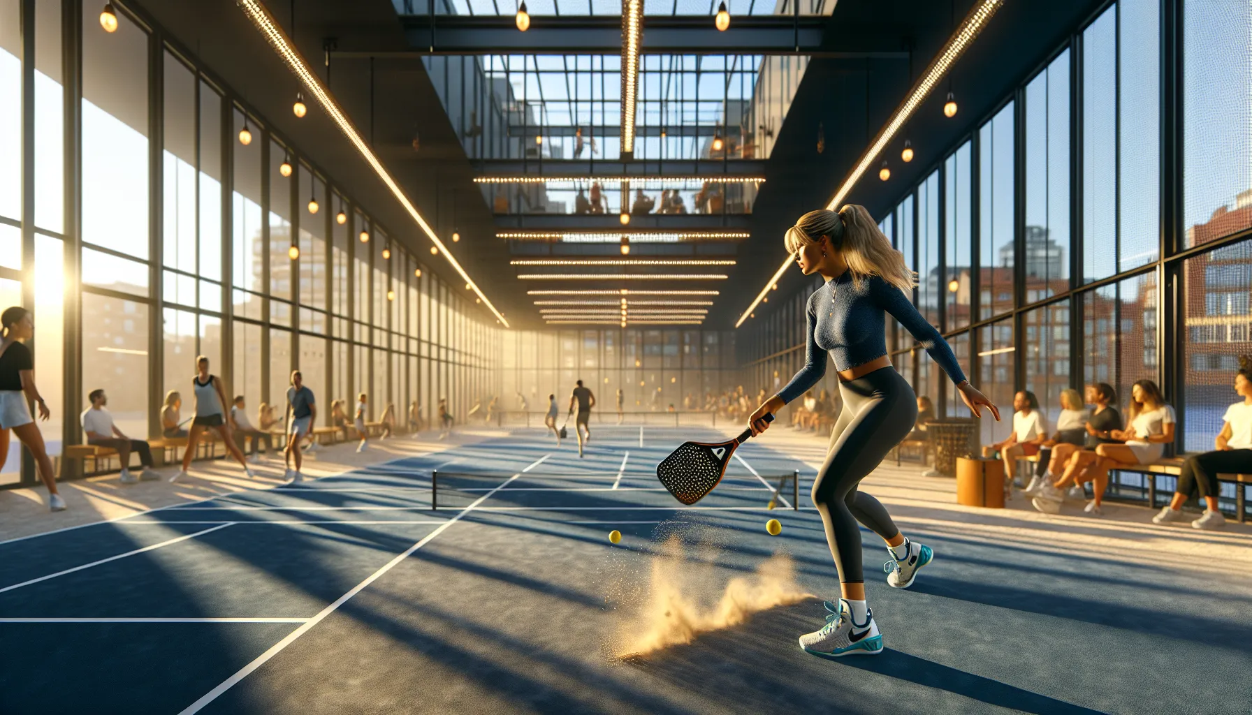 Busy norwegian padel center at golden hour; woman hits forehand, booking app nearby.