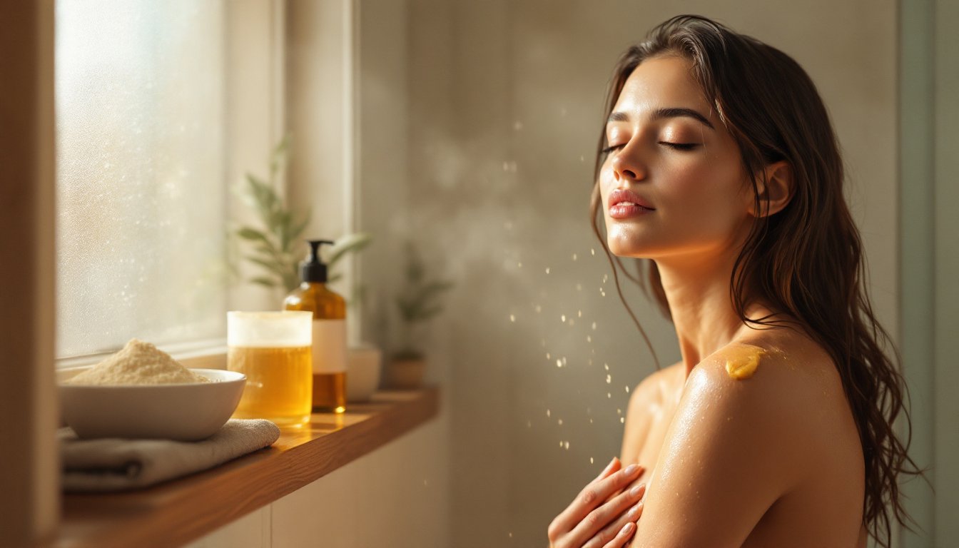 A woman taking a warm, gentle shower while massaging oil into her skin.