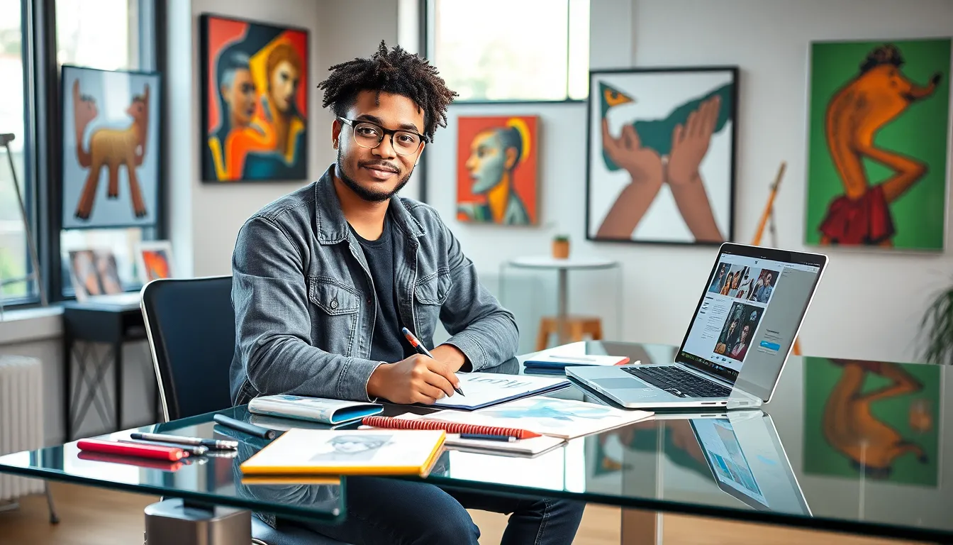 creative individual in a modern workspace with artistic tools.