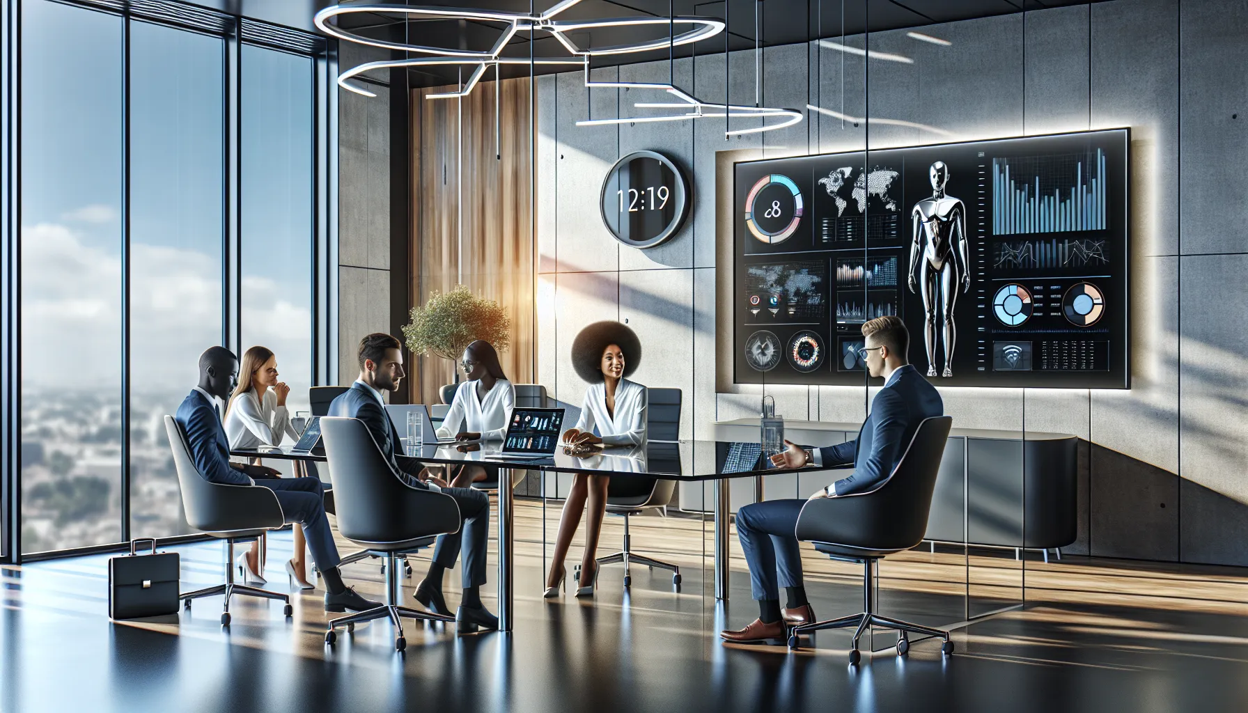 diverse team collaborating around Gfxrobotection AI software in a modern office.