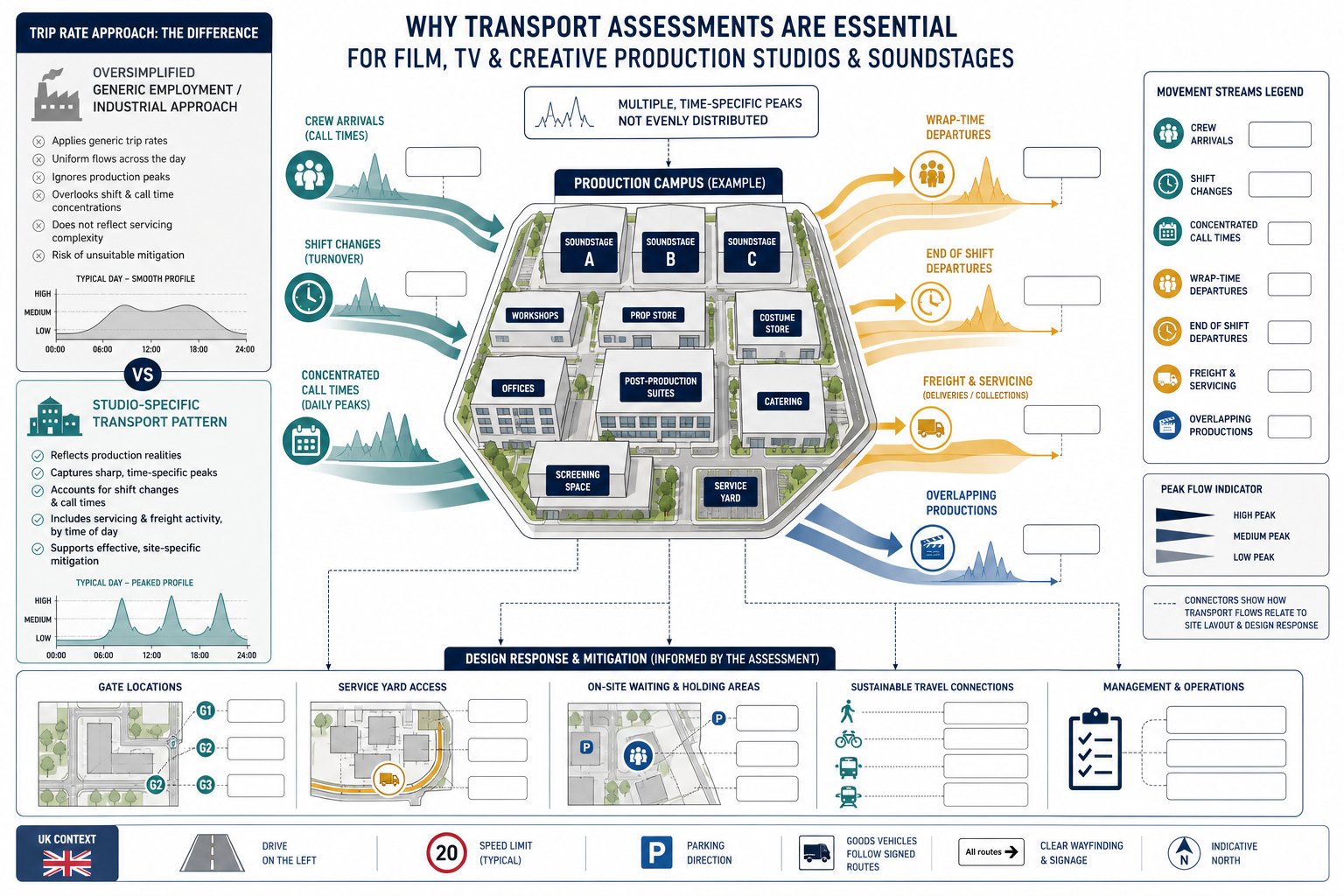 Infographic showing studio traffic patterns and why transport assessments matter.