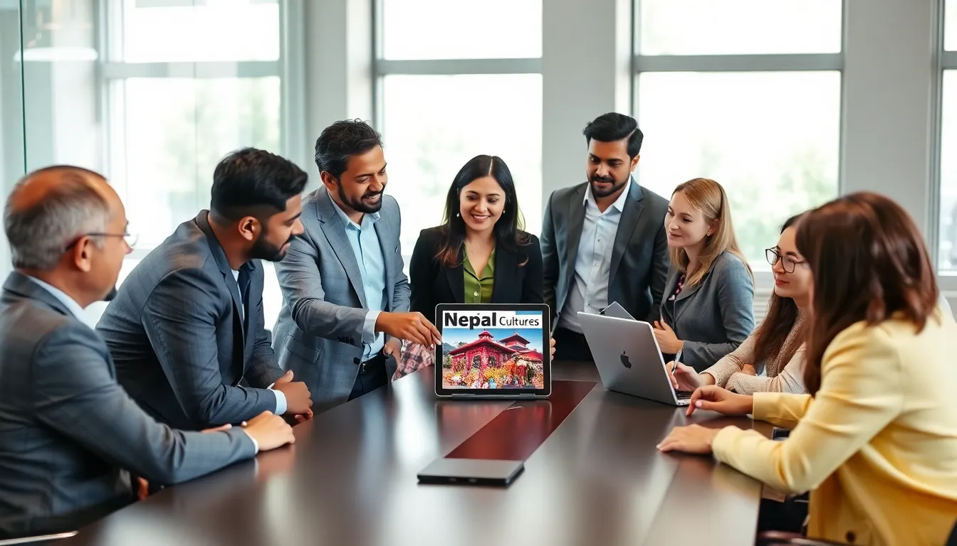 diverse team discussing Nepalese culture in a modern office.