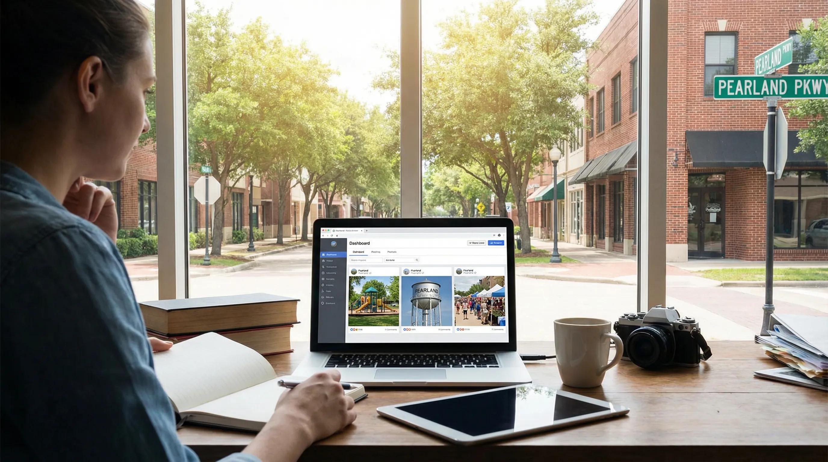 Social media manager in an office preparing posts featuring Pearland landmarks and community events on a laptop.