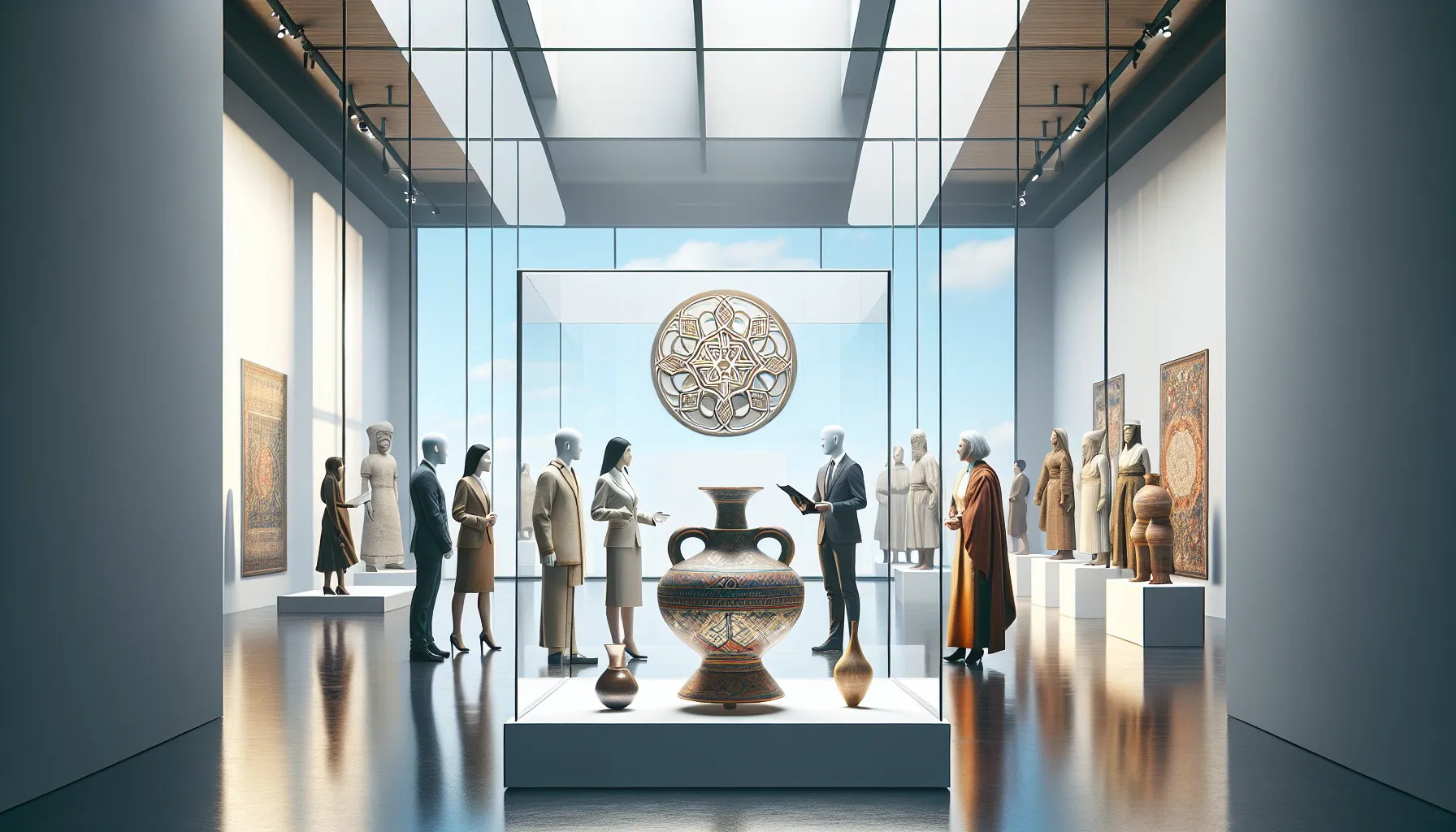 professionals exploring a fusion of traditional and modern art in a gallery.