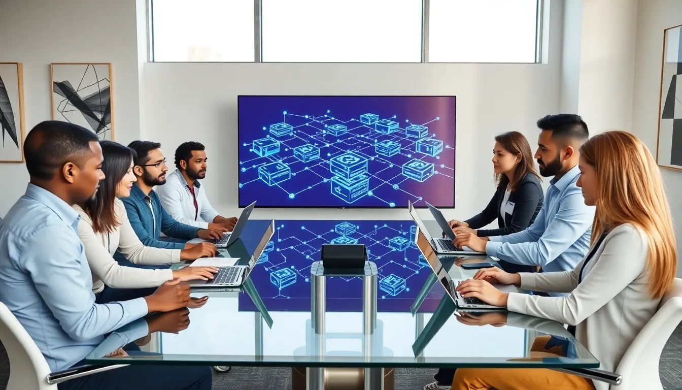 diverse team brainstorming about blockchain technology in a modern office.