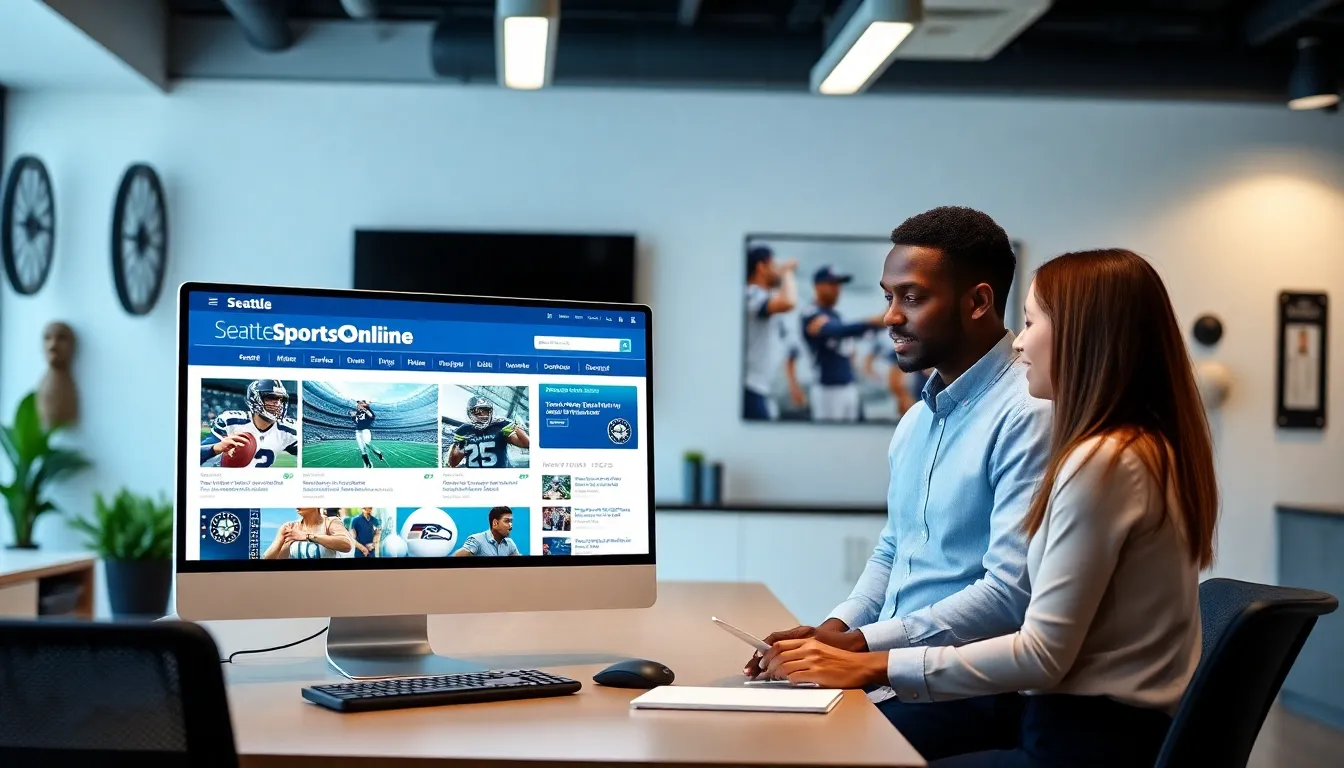 professionals discussing sports news in a modern office.