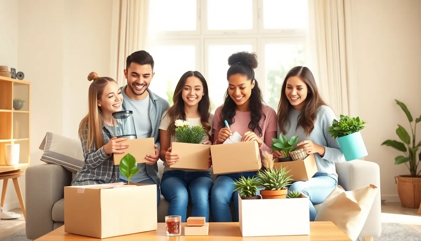 diverse young adults unboxing gifts in a modern living room.
