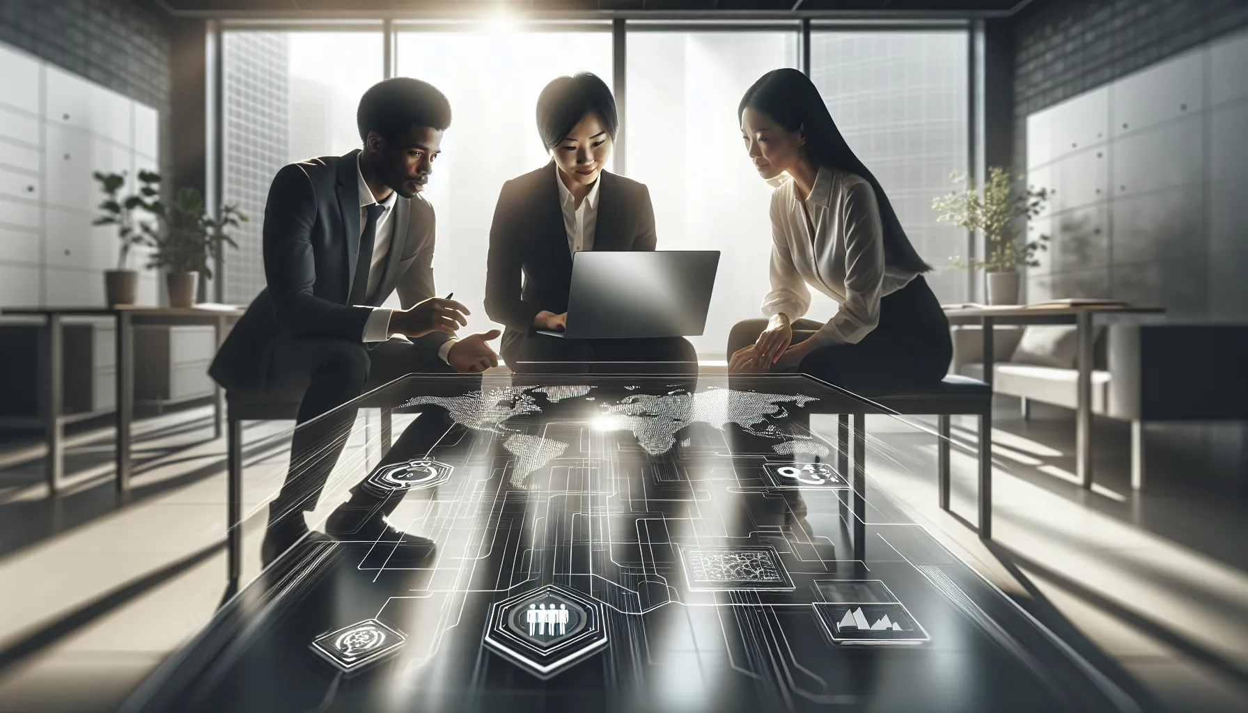 diverse professionals discussing IP address tracing in a modern office.