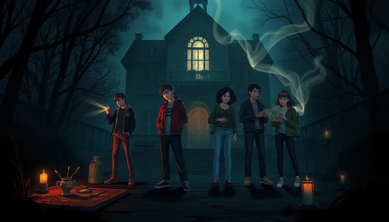 diverse characters exploring a haunted mansion inspired by a classic RPG.