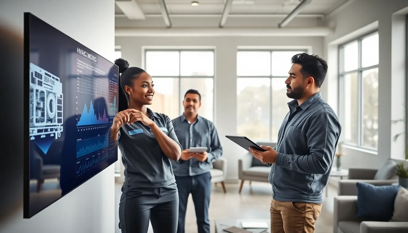 HVAC professionals analyzing short cycling data in a modern office.