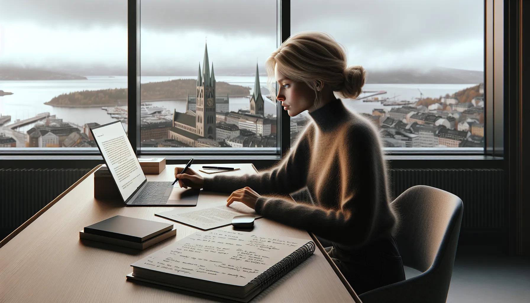 Norwegian content creator editing ai-generated text at a laptop in a modern office.