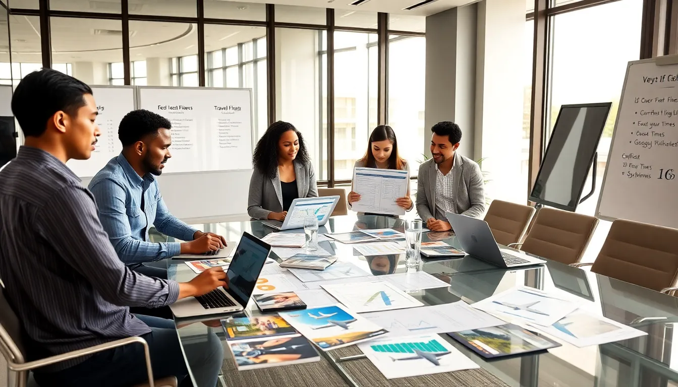 diverse team discussing travel tips in a modern office