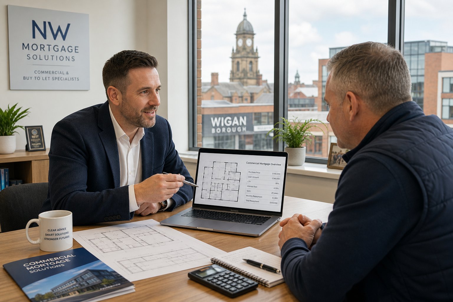 Mortgage adviser meeting a business owner in a bright office to review commercial property documents and plans
