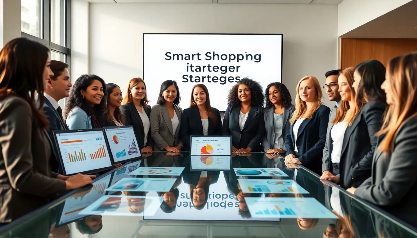 diverse group discussing smart shopping strategies in a modern office.