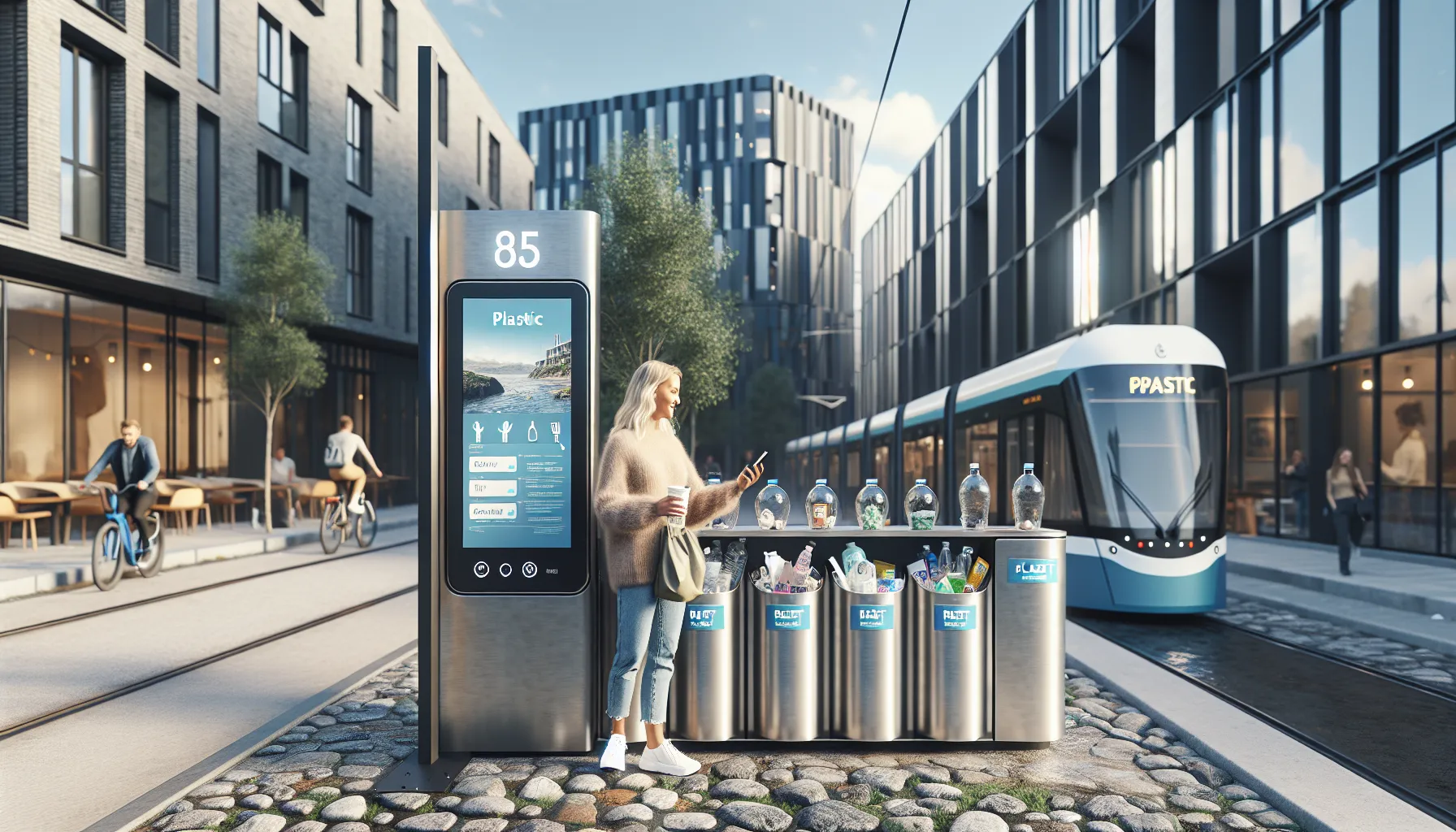 Woman using smart recycling station to reduce plastic waste in a norwegian city street.