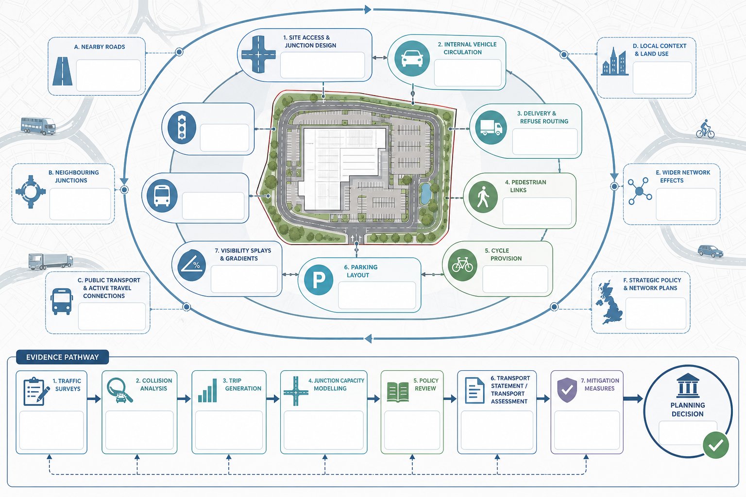 Infographic of commercial traffic engineering factors and transport evidence for planning in the UK.