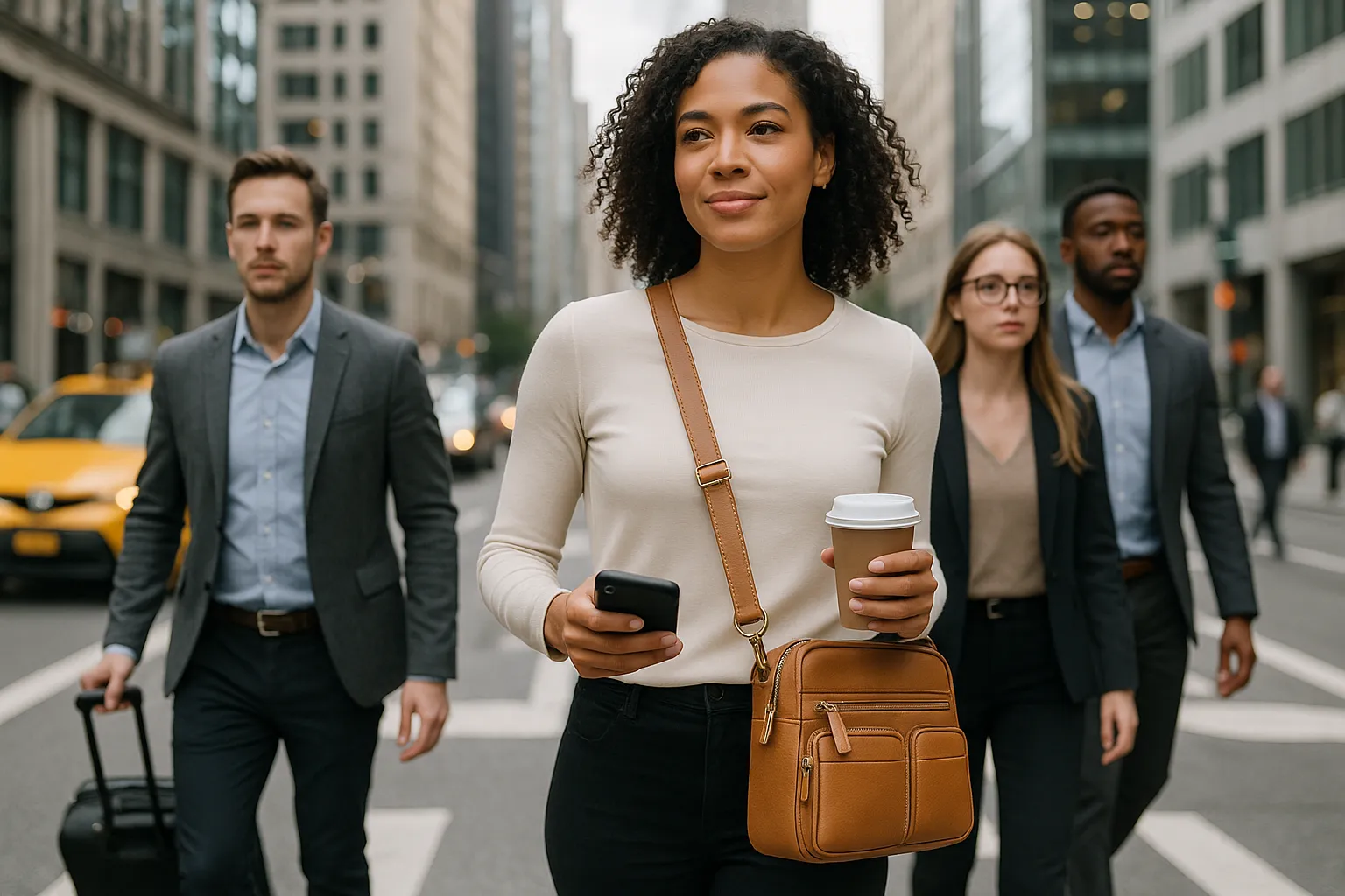 Professional woman with crossbody leather handbag on a busy city street.