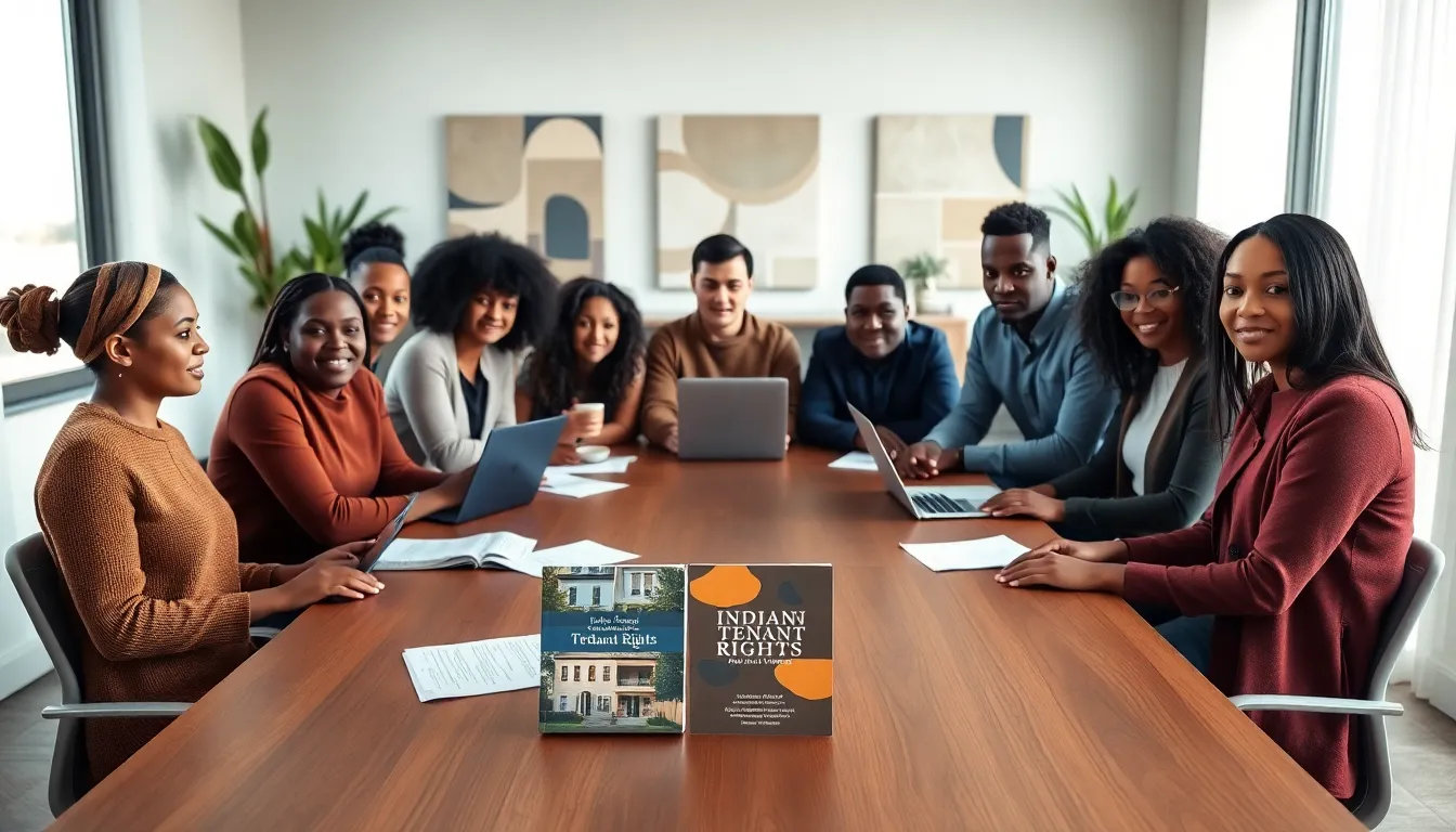 diverse group discussing tenant rights in a modern conference room.