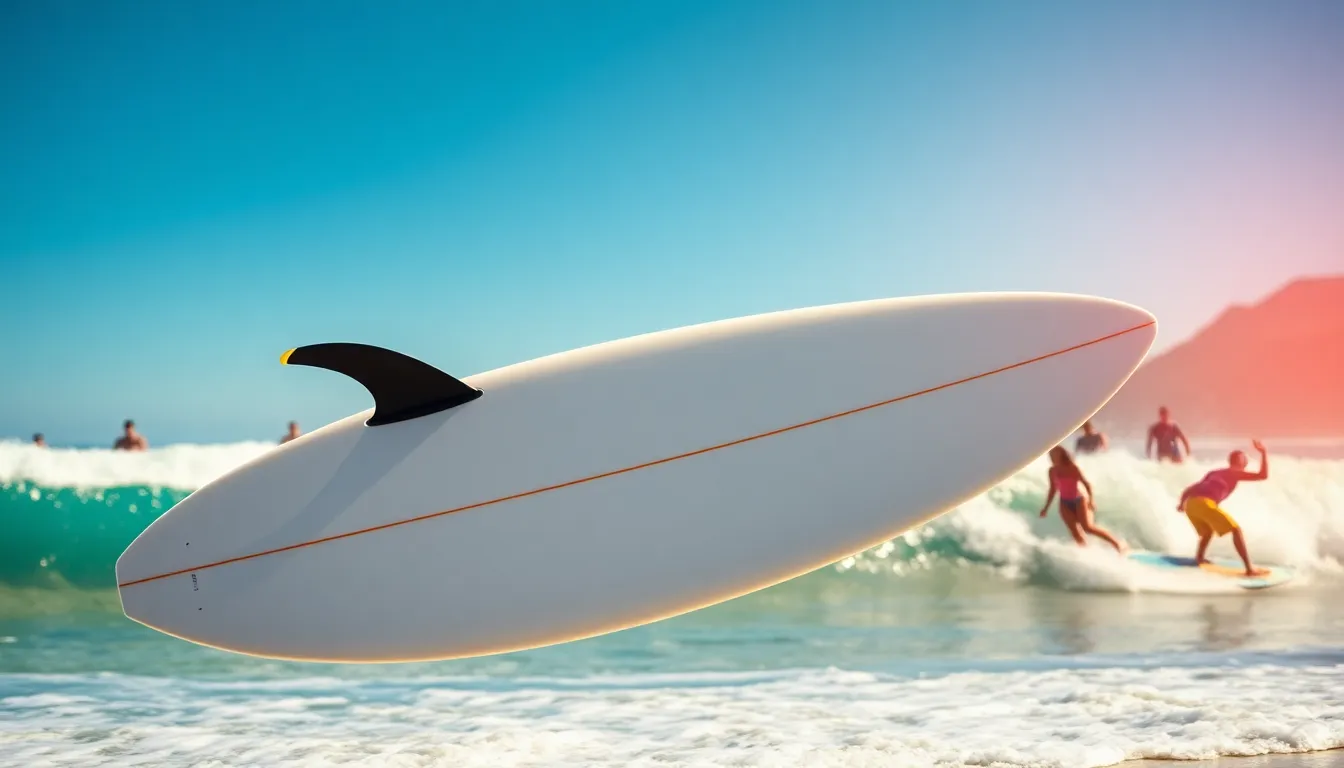 modern surfboard on a sunny beach with surfers riding waves.