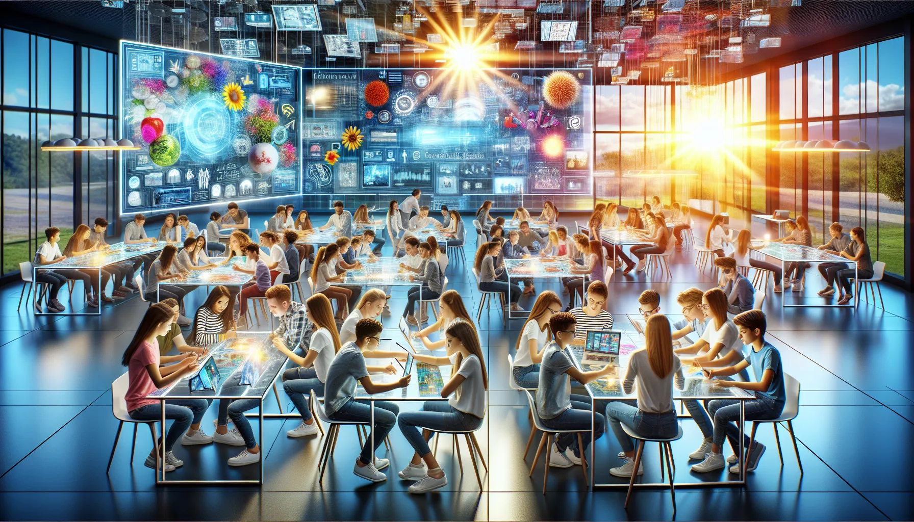 students collaborating in a modern classroom setting.