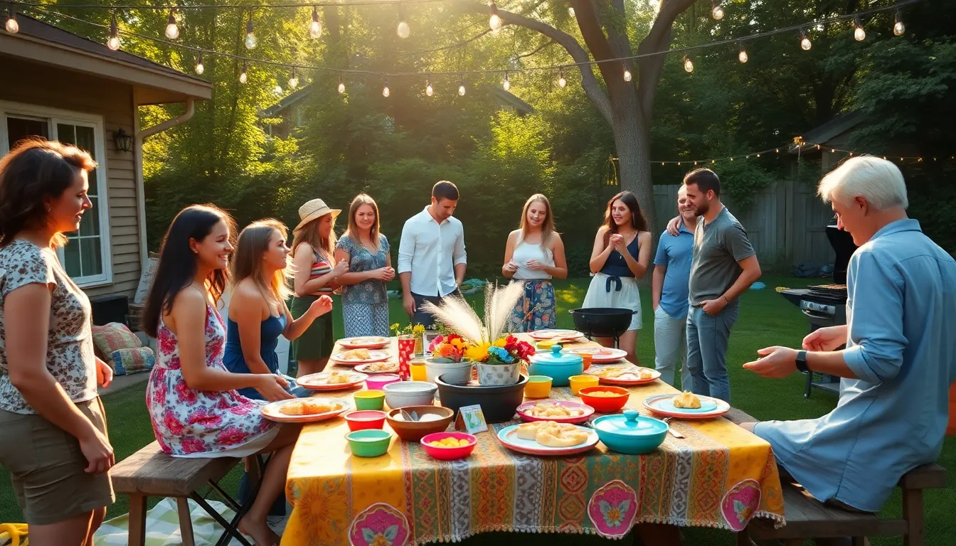 diverse group enjoying a potluck in a backyard setting.
