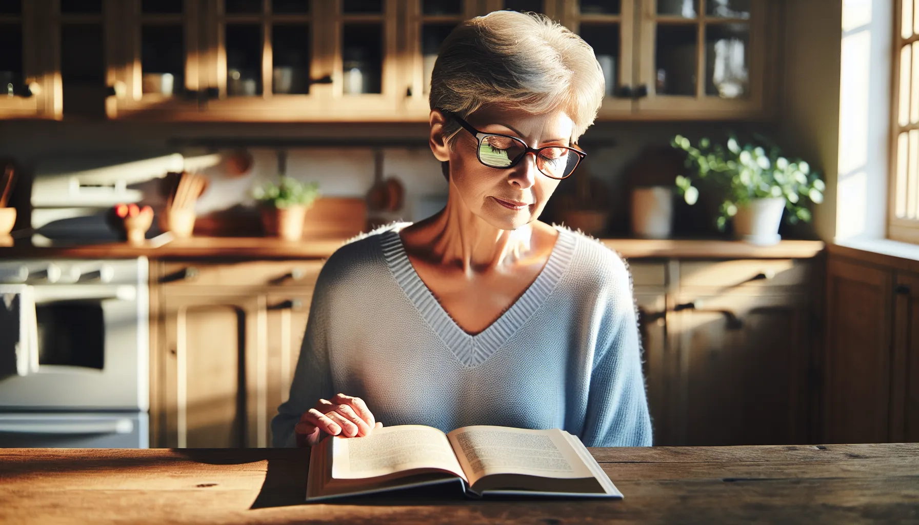 A woman reading a blurred book page, struggling with macular degeneration.