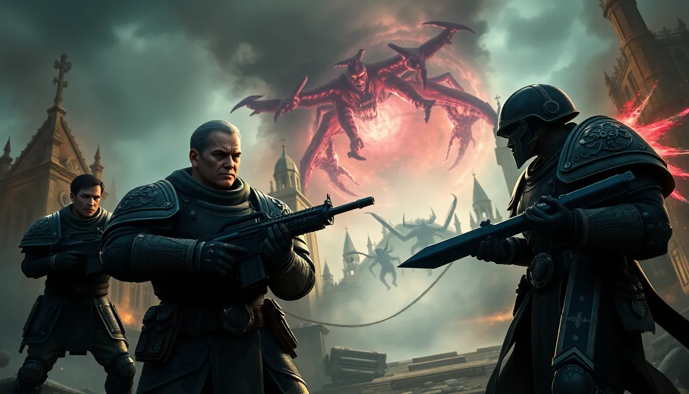 Daemonhunters engage in battle against daemons in a war-torn city.