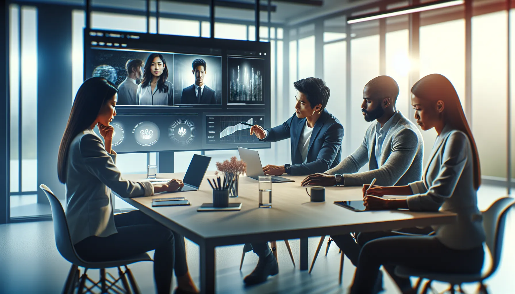 diverse team discussing streaming service in a modern office.