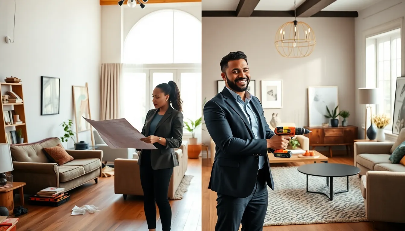 before-and-after living room renovation with diverse professionals at work.
