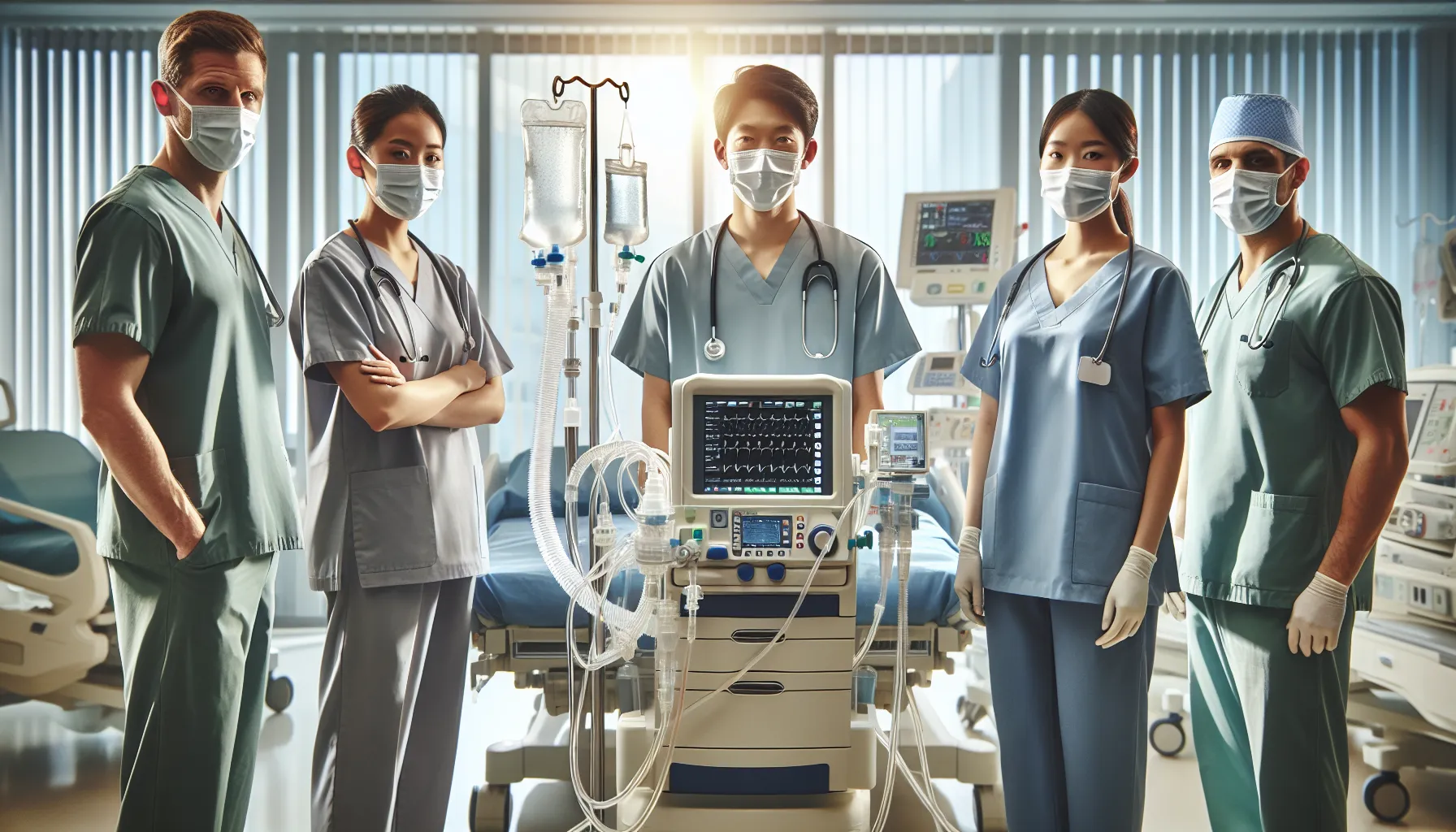 medical team operating ECMO equipment in a hospital setting.