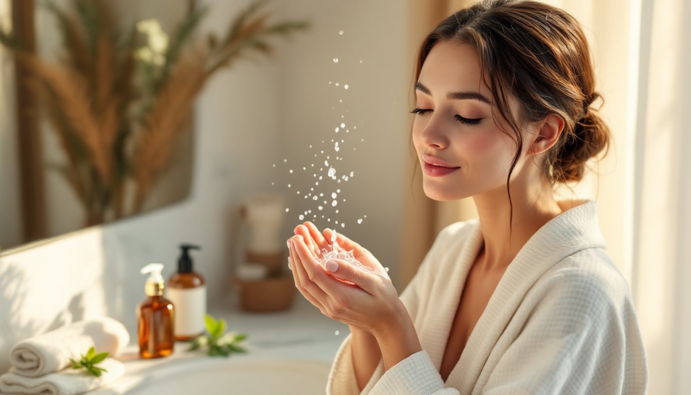 A woman splashing cool water on her face at a bright bathroom sink in the morning.