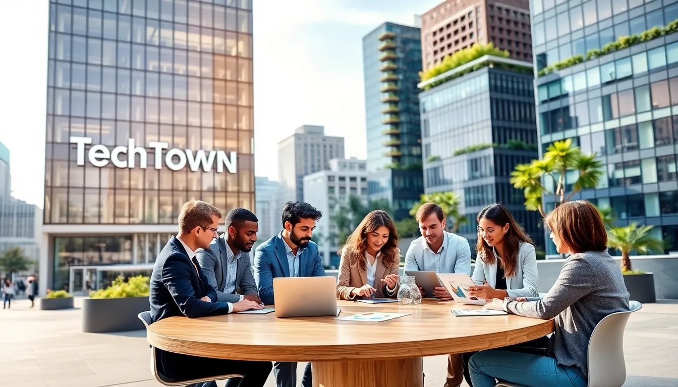 collaborative professionals in a modern tech hub.