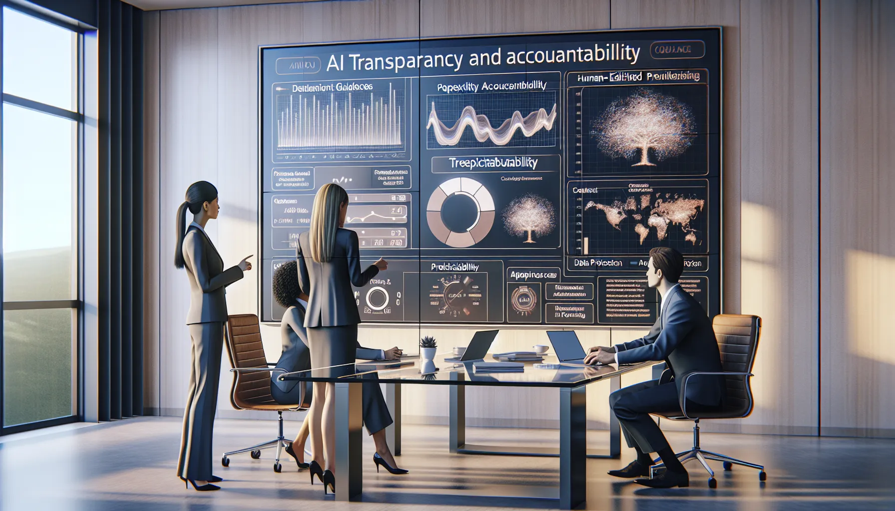 Professionals review AI detection metrics and UK compliance guidance in a modern office.