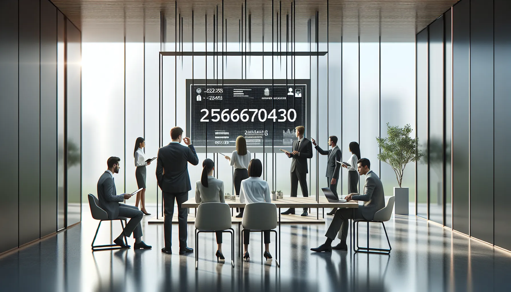 diverse professionals discussing a digital dashboard in a modern office.