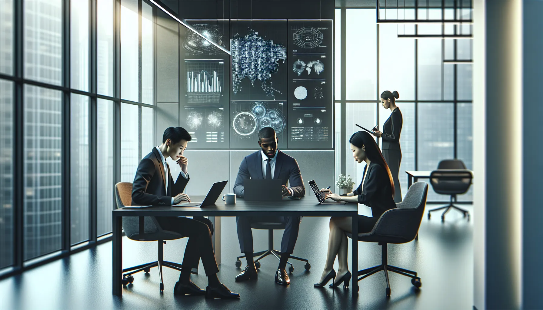 diverse team discussing data analysis in a modern office.