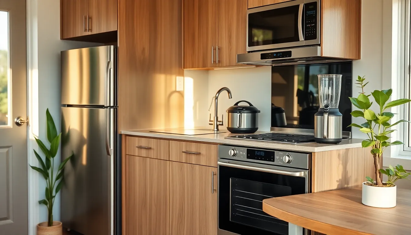 a modern tiny home kitchen with multifunctional appliances.