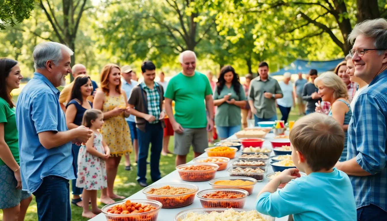 community gathering at a park with potluck and games.