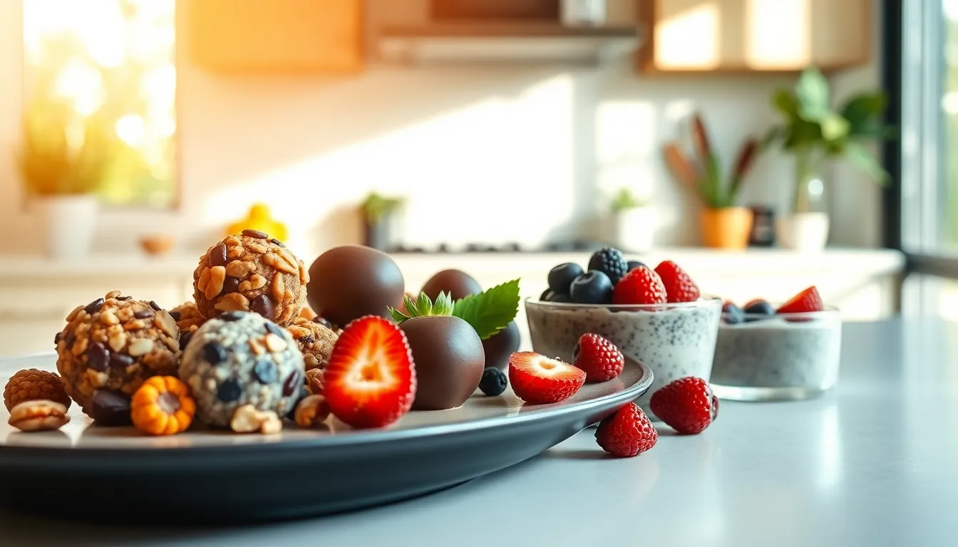 colorful healthy sweets arranged on a modern kitchen countertop.